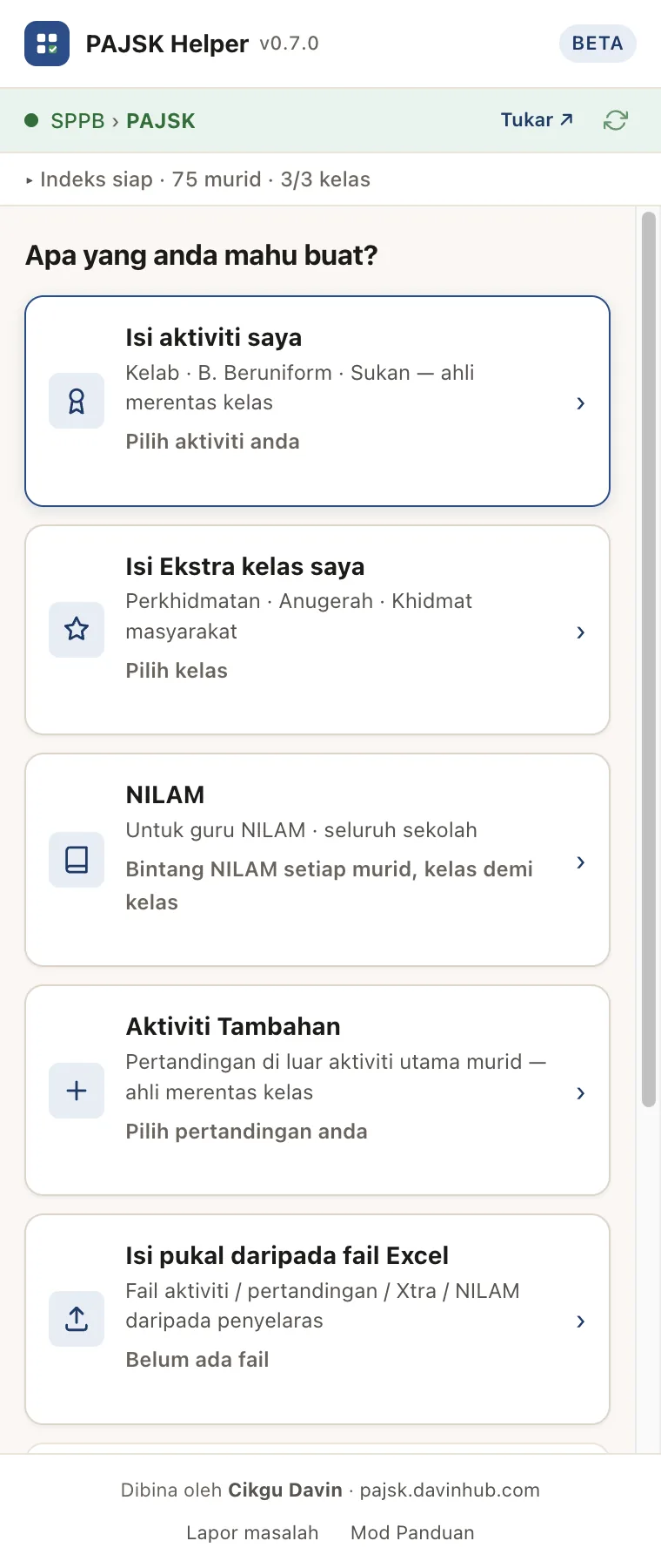 Panel sisi PAJSK Helper: kad tugas Isi aktiviti saya, Isi Ekstra kelas saya, NILAM, Aktiviti Tambahan dan Isi pukal daripada fail Excel